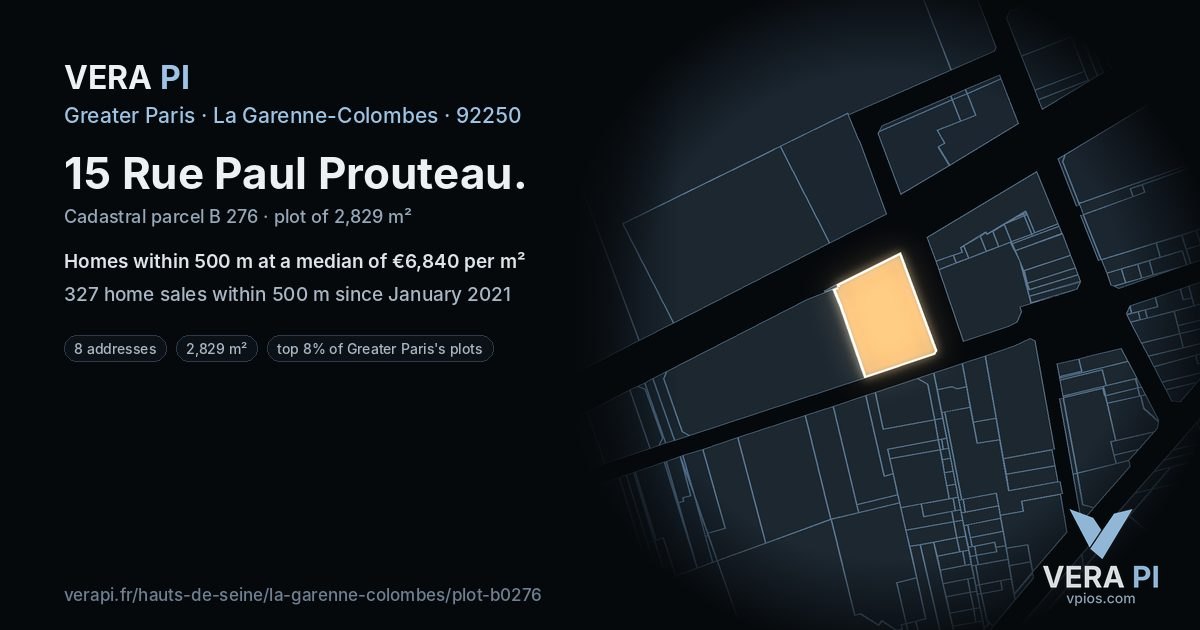 15 Rue Paul Prouteau, La Garenne-Colombes at night – the plot lit, the parcels around coloured by the prices near them