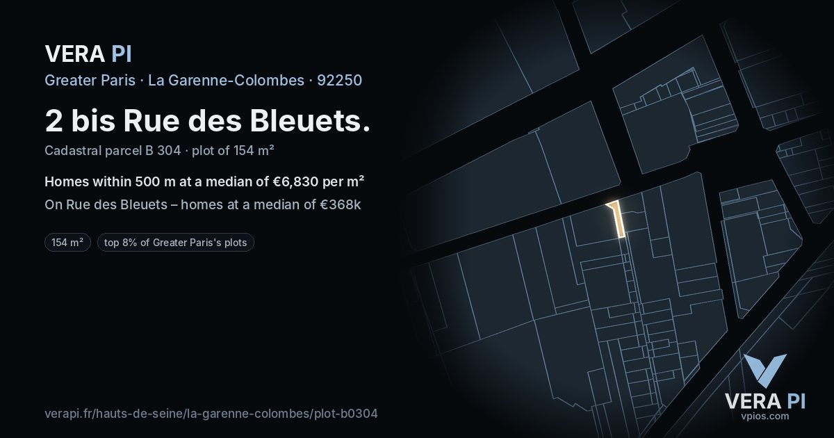 2 bis Rue des Bleuets, La Garenne-Colombes at night – the plot lit, the parcels around coloured by the prices near them