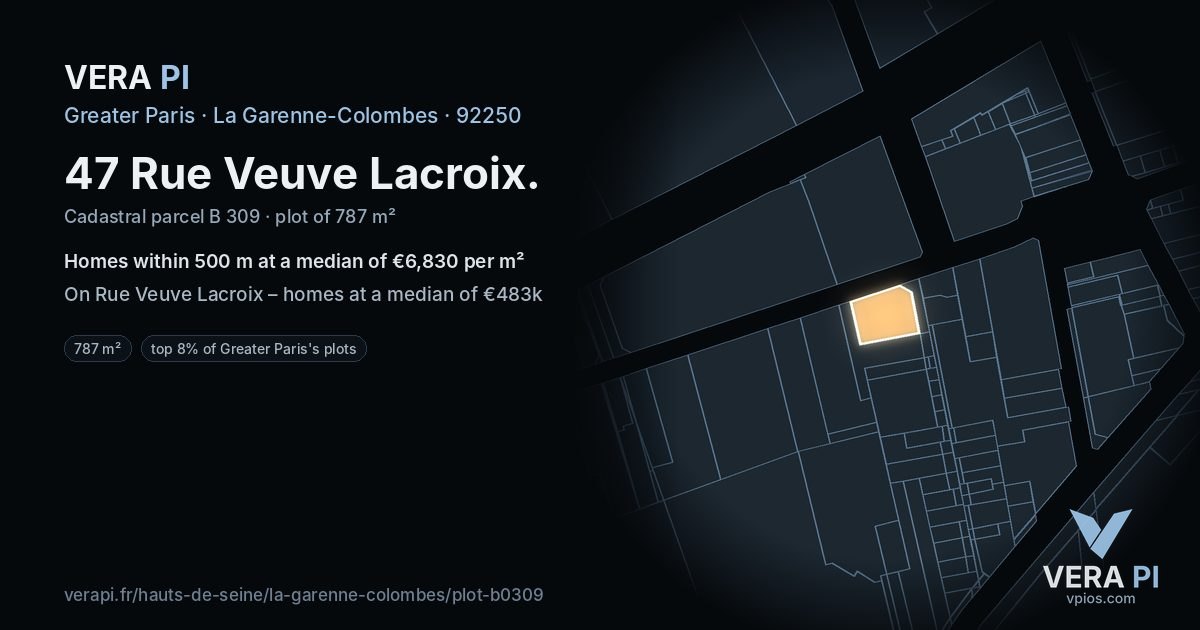 47 Rue Veuve Lacroix, La Garenne-Colombes at night – the plot lit, the parcels around coloured by the prices near them