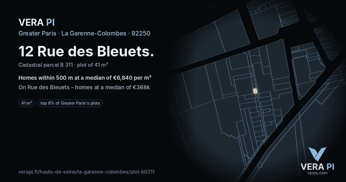 12 Rue des Bleuets, La Garenne-Colombes at night – the plot lit, the parcels around coloured by the prices near them