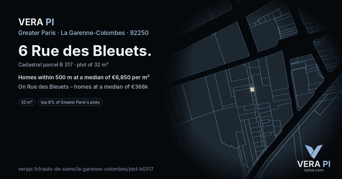 6 Rue des Bleuets, La Garenne-Colombes at night – the plot lit, the parcels around coloured by the prices near them