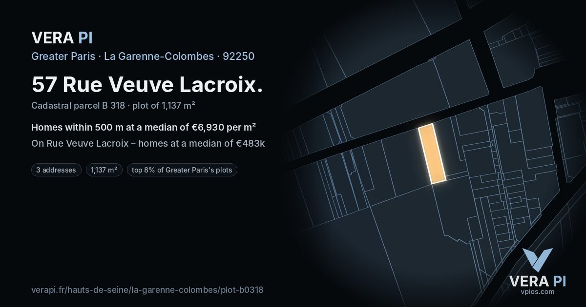 57 Rue Veuve Lacroix, La Garenne-Colombes at night – the plot lit, the parcels around coloured by the prices near them
