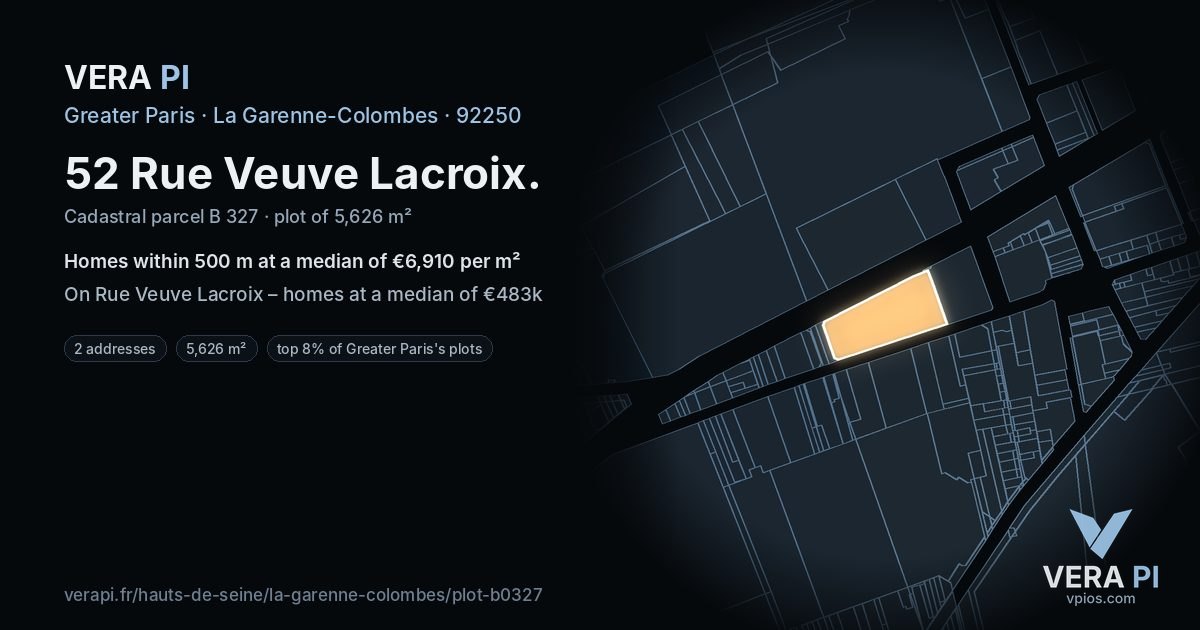 52 Rue Veuve Lacroix, La Garenne-Colombes at night – the plot lit, the parcels around coloured by the prices near them