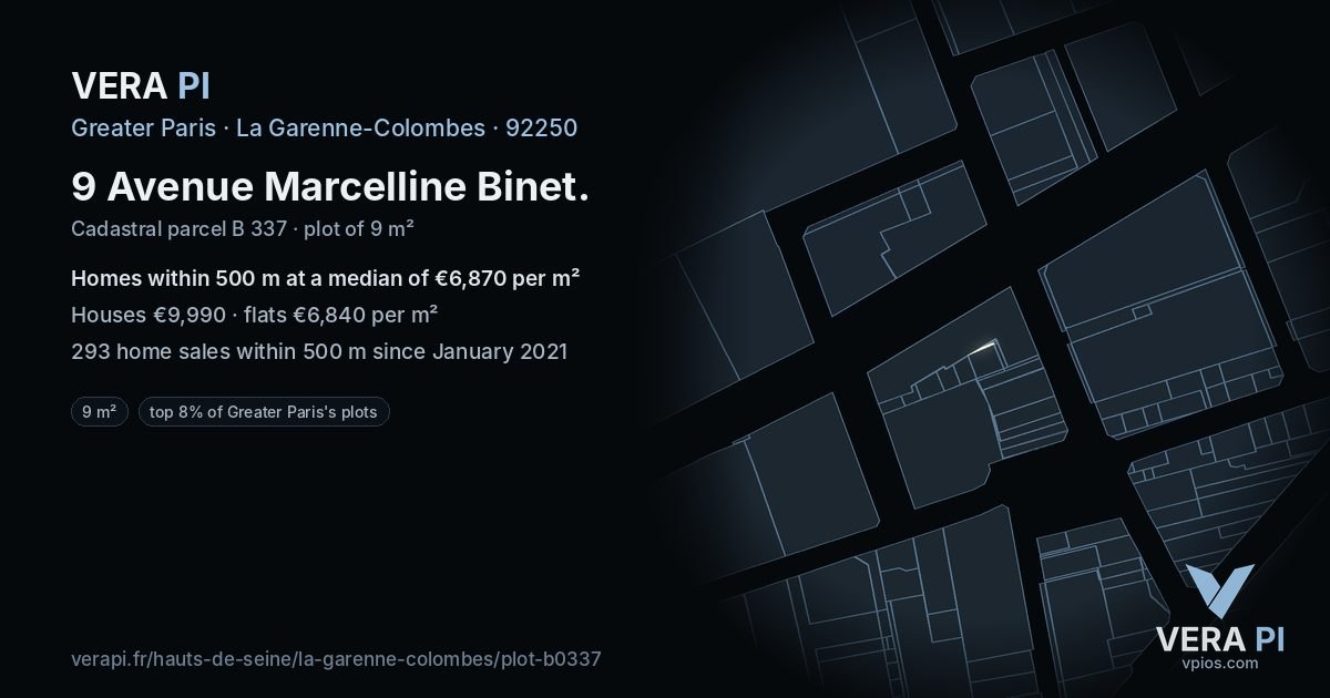 9 Avenue Marcelline Binet, La Garenne-Colombes at night – the plot lit, the parcels around coloured by the prices near them