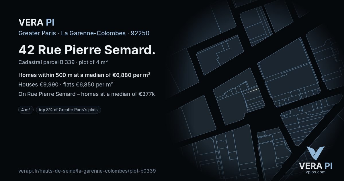 42 Rue Pierre Semard, La Garenne-Colombes at night – the plot lit, the parcels around coloured by the prices near them