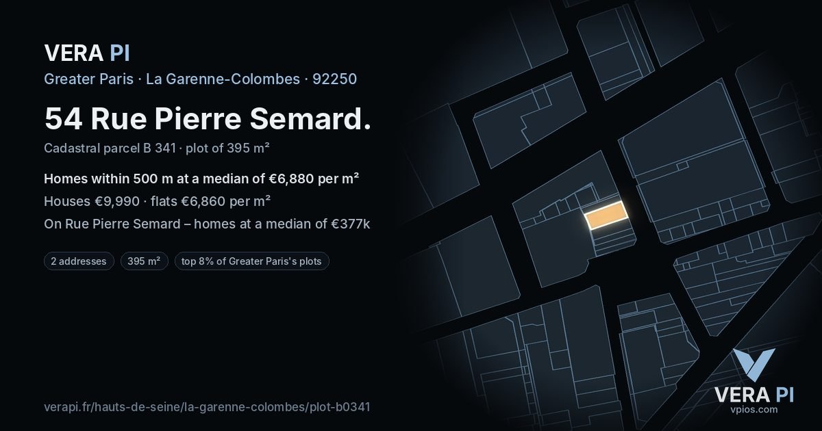 54 Rue Pierre Semard, La Garenne-Colombes at night – the plot lit, the parcels around coloured by the prices near them