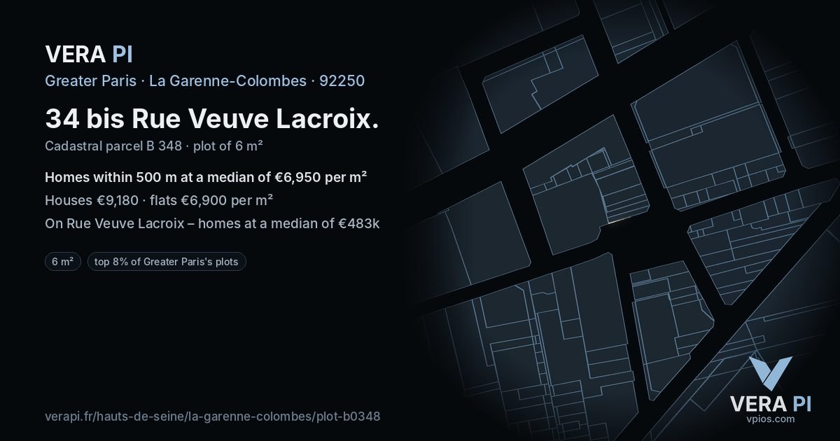 34 bis Rue Veuve Lacroix, La Garenne-Colombes at night – the plot lit, the parcels around coloured by the prices near them