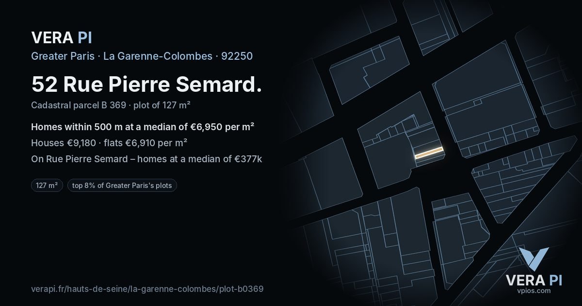 52 Rue Pierre Semard, La Garenne-Colombes at night – the plot lit, the parcels around coloured by the prices near them