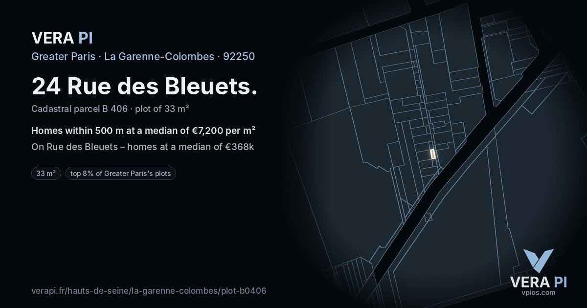24 Rue des Bleuets, La Garenne-Colombes at night – the plot lit, the parcels around coloured by the prices near them