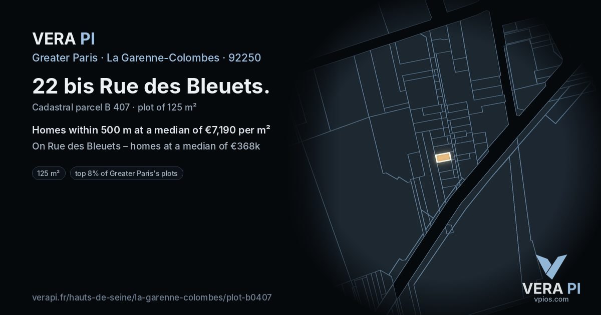 22 bis Rue des Bleuets, La Garenne-Colombes at night – the plot lit, the parcels around coloured by the prices near them