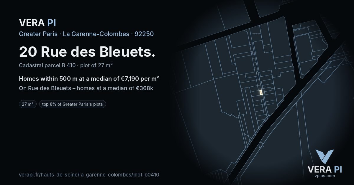 20 Rue des Bleuets, La Garenne-Colombes at night – the plot lit, the parcels around coloured by the prices near them