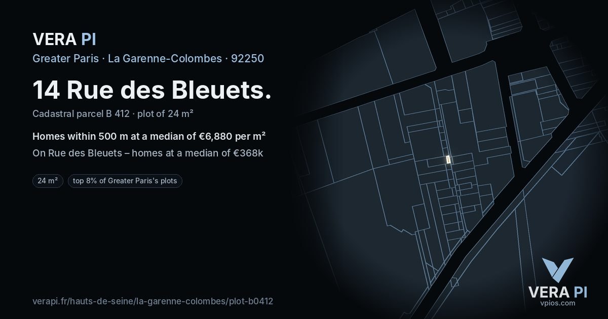14 Rue des Bleuets, La Garenne-Colombes at night – the plot lit, the parcels around coloured by the prices near them