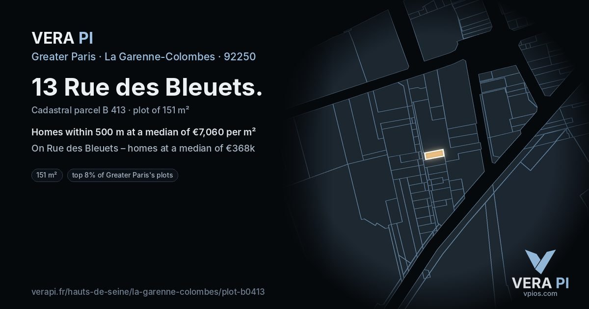 13 Rue des Bleuets, La Garenne-Colombes at night – the plot lit, the parcels around coloured by the prices near them
