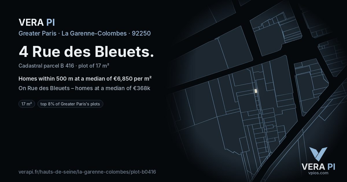 4 Rue des Bleuets, La Garenne-Colombes at night – the plot lit, the parcels around coloured by the prices near them