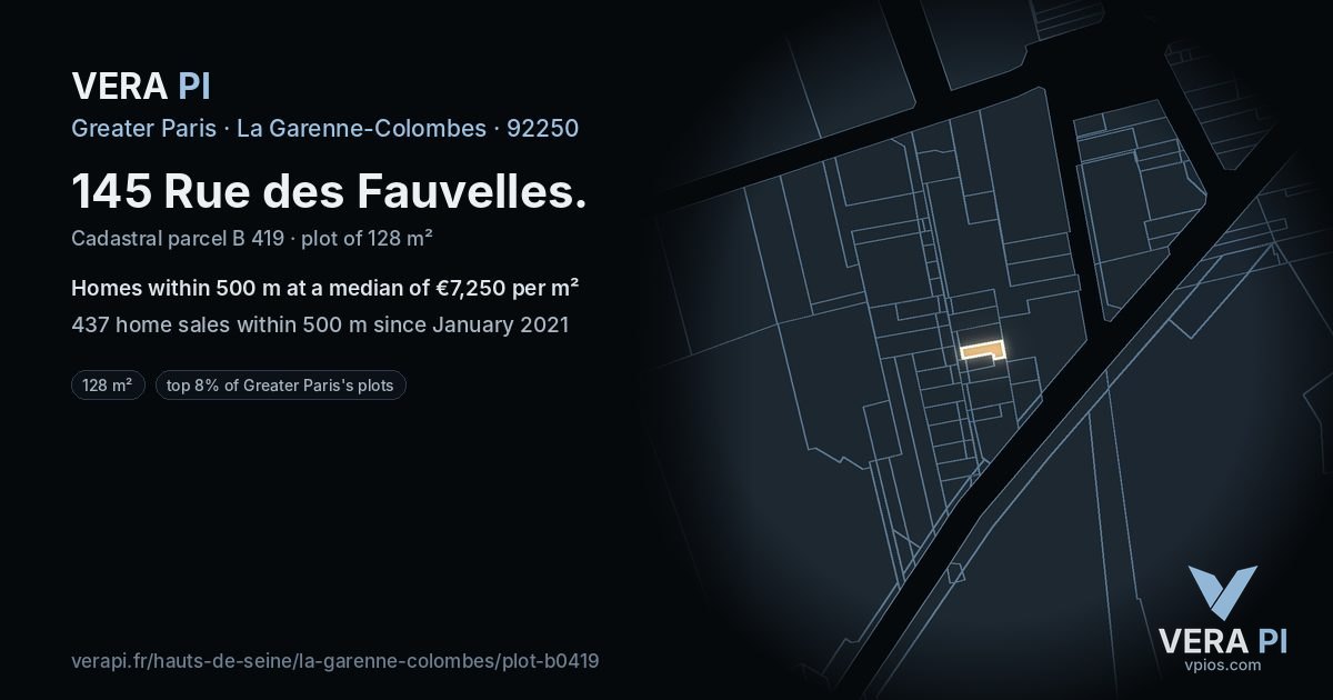 145 Rue des Fauvelles, La Garenne-Colombes at night – the plot lit, the parcels around coloured by the prices near them