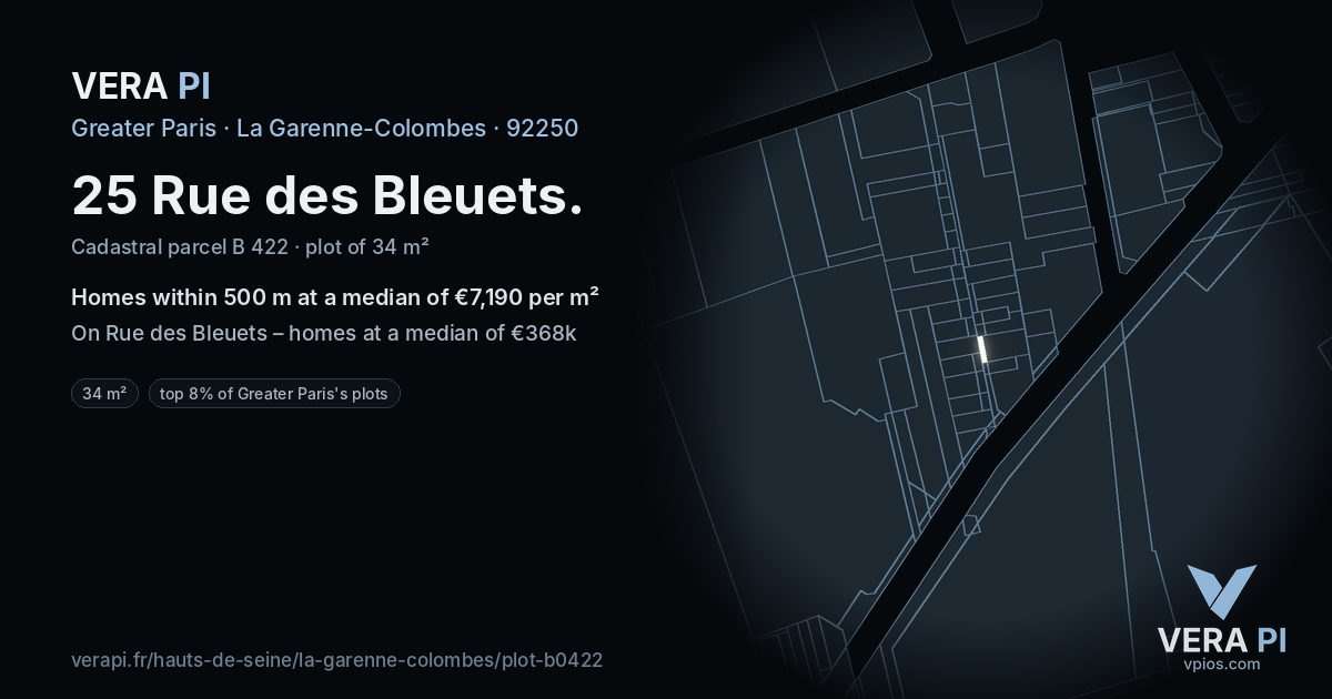 25 Rue des Bleuets, La Garenne-Colombes at night – the plot lit, the parcels around coloured by the prices near them