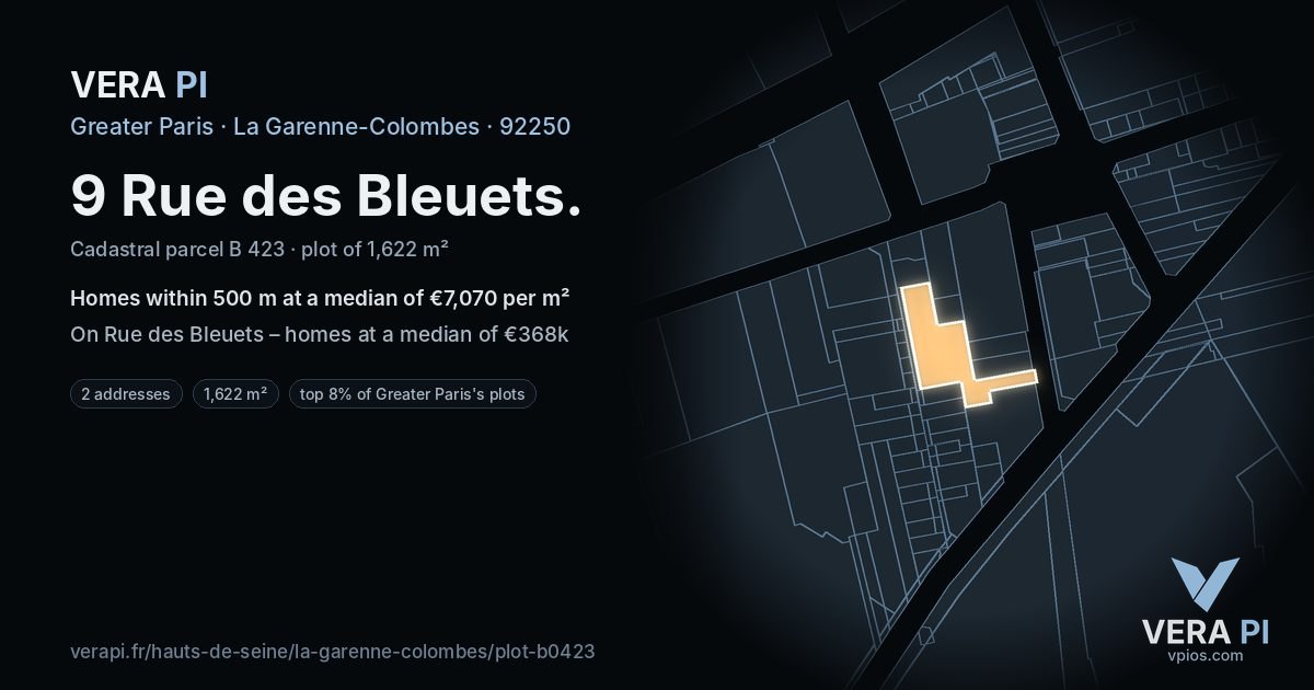 9 Rue des Bleuets, La Garenne-Colombes at night – the plot lit, the parcels around coloured by the prices near them