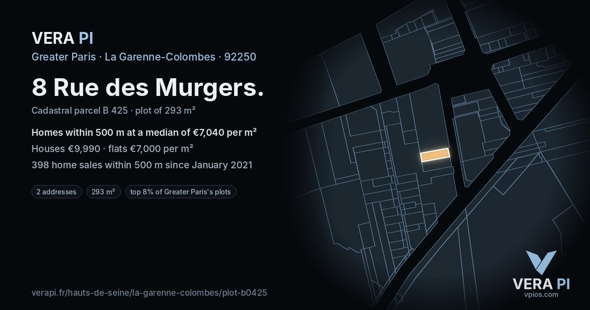 8 Rue des Murgers, La Garenne-Colombes at night – the plot lit, the parcels around coloured by the prices near them