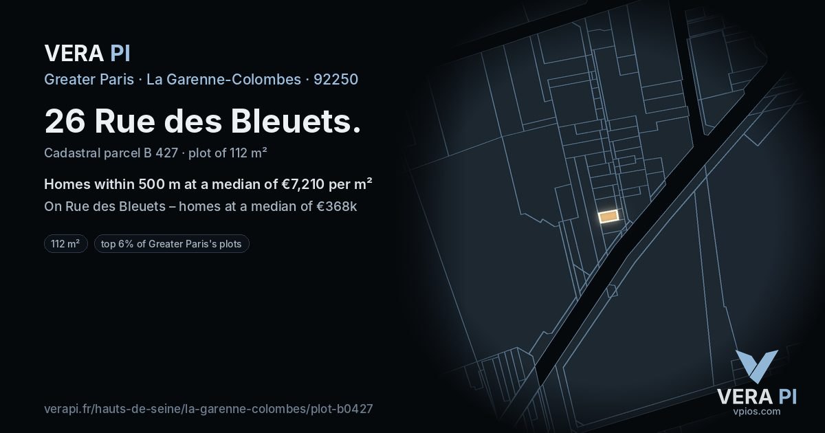 26 Rue des Bleuets, La Garenne-Colombes at night – the plot lit, the parcels around coloured by the prices near them