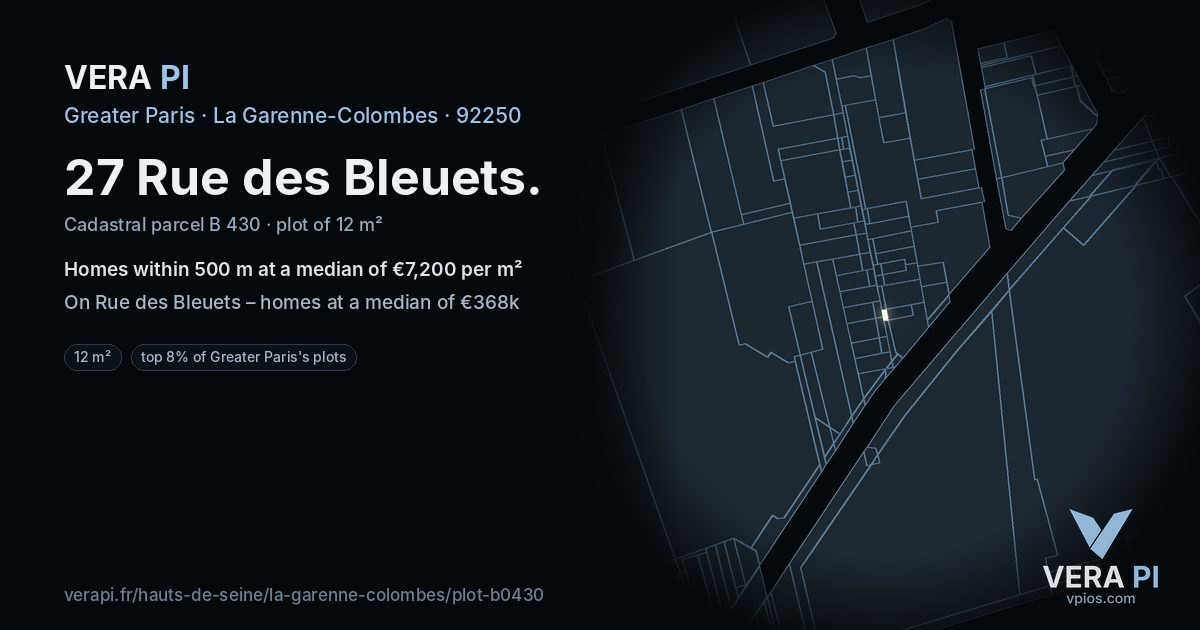 27 Rue des Bleuets, La Garenne-Colombes at night – the plot lit, the parcels around coloured by the prices near them