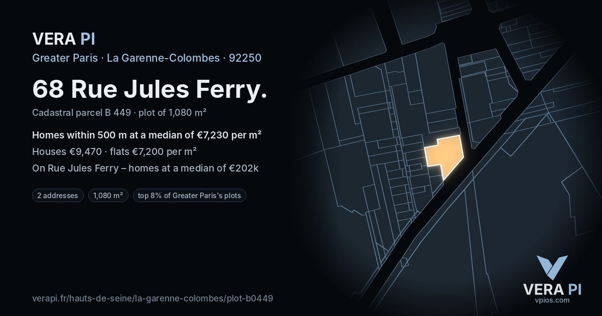 68 Rue Jules Ferry, La Garenne-Colombes at night – the plot lit, the parcels around coloured by the prices near them