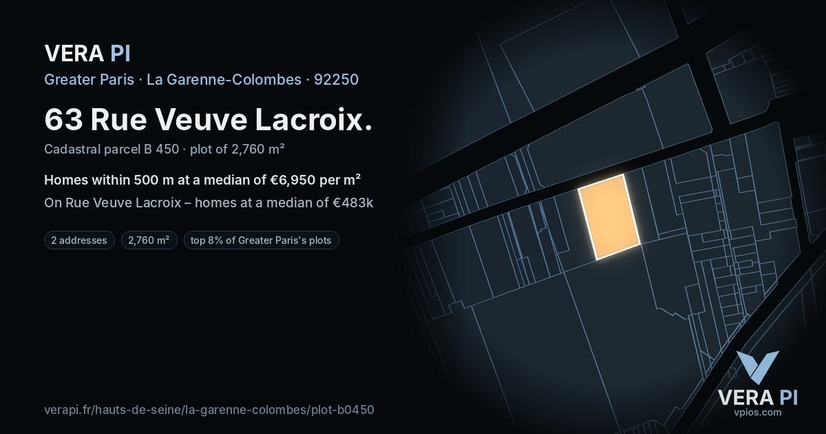 63 Rue Veuve Lacroix, La Garenne-Colombes at night – the plot lit, the parcels around coloured by the prices near them