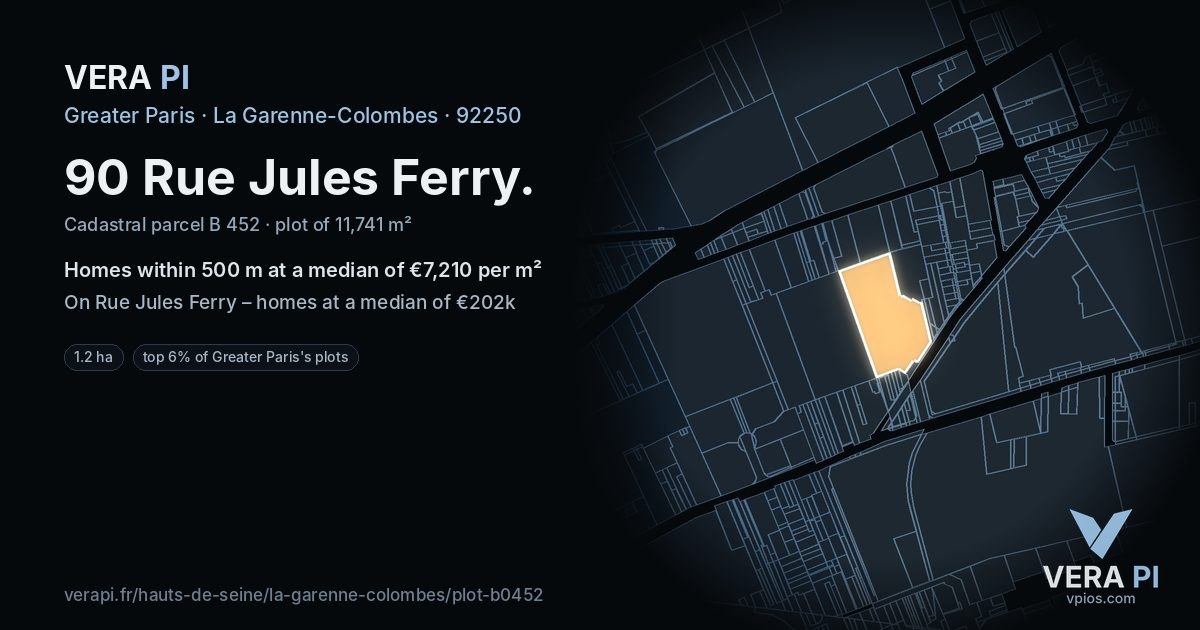 90 Rue Jules Ferry, La Garenne-Colombes at night – the plot lit, the parcels around coloured by the prices near them