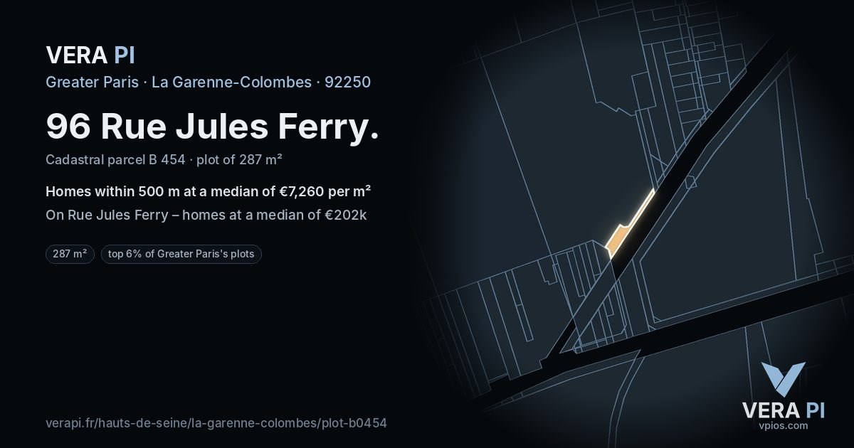 96 Rue Jules Ferry, La Garenne-Colombes at night – the plot lit, the parcels around coloured by the prices near them