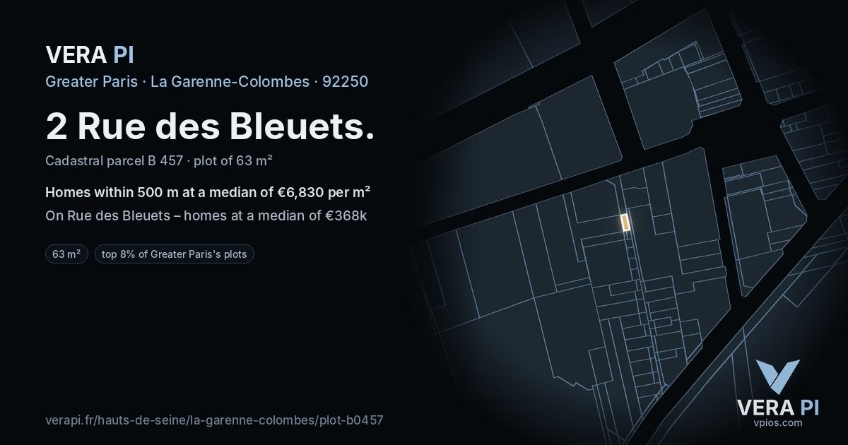 2 Rue des Bleuets, La Garenne-Colombes at night – the plot lit, the parcels around coloured by the prices near them