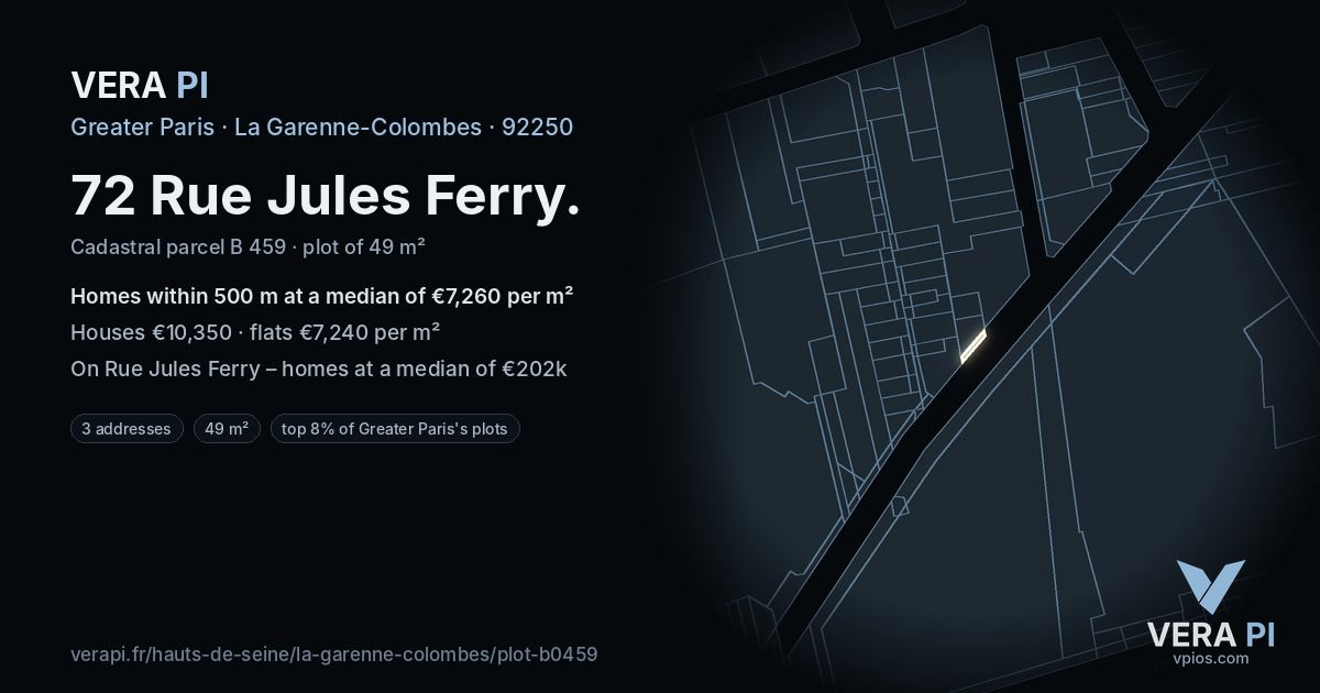 72 Rue Jules Ferry, La Garenne-Colombes at night – the plot lit, the parcels around coloured by the prices near them