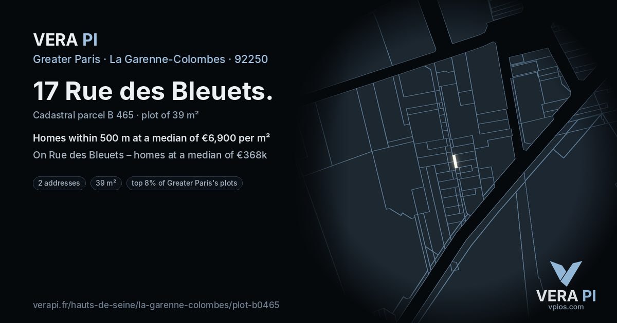 17 Rue des Bleuets, La Garenne-Colombes at night – the plot lit, the parcels around coloured by the prices near them