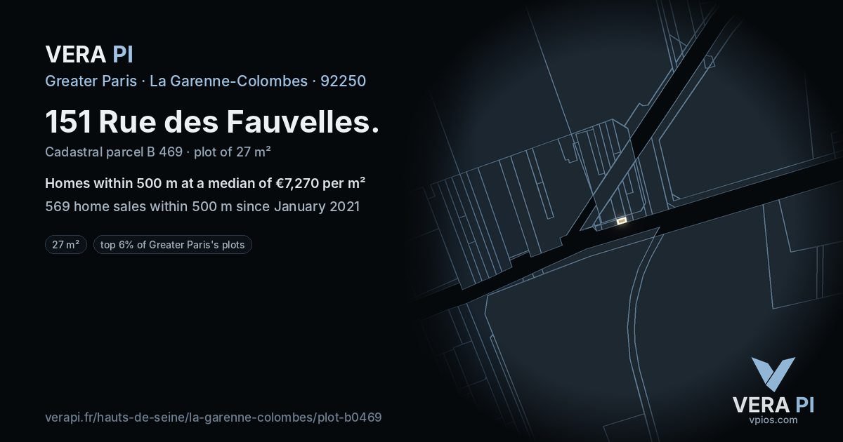151 Rue des Fauvelles, La Garenne-Colombes at night – the plot lit, the parcels around coloured by the prices near them