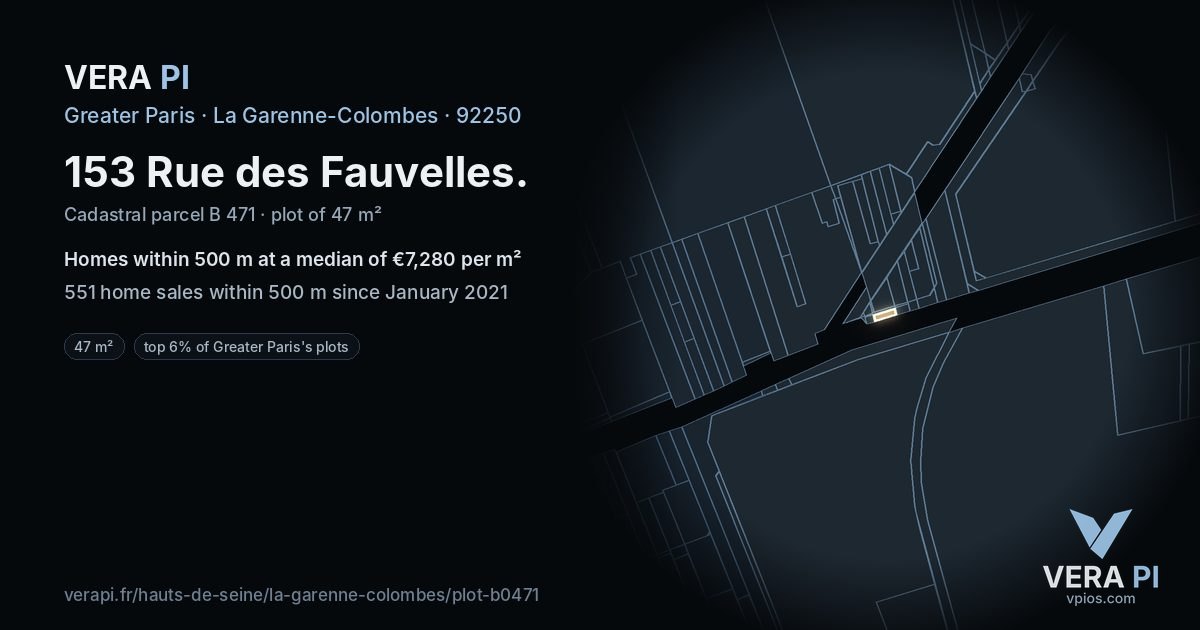 153 Rue des Fauvelles, La Garenne-Colombes at night – the plot lit, the parcels around coloured by the prices near them