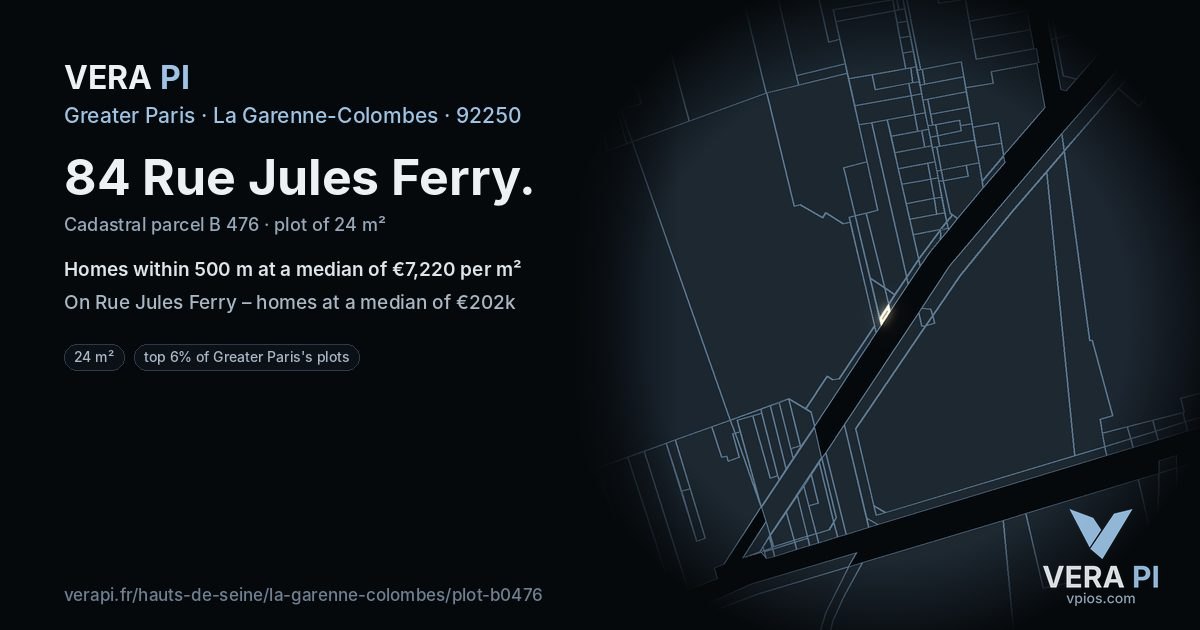 84 Rue Jules Ferry, La Garenne-Colombes at night – the plot lit, the parcels around coloured by the prices near them