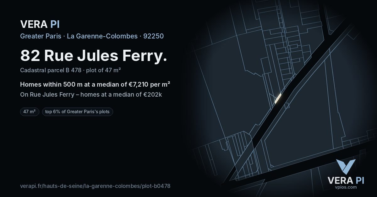82 Rue Jules Ferry, La Garenne-Colombes at night – the plot lit, the parcels around coloured by the prices near them