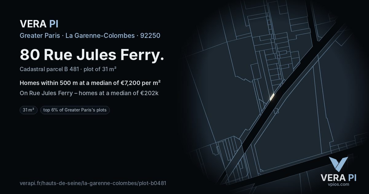 80 Rue Jules Ferry, La Garenne-Colombes at night – the plot lit, the parcels around coloured by the prices near them