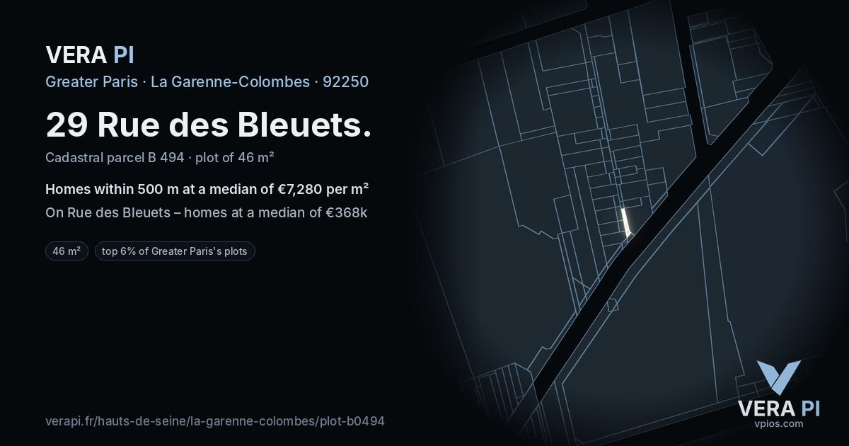 29 Rue des Bleuets, La Garenne-Colombes at night – the plot lit, the parcels around coloured by the prices near them