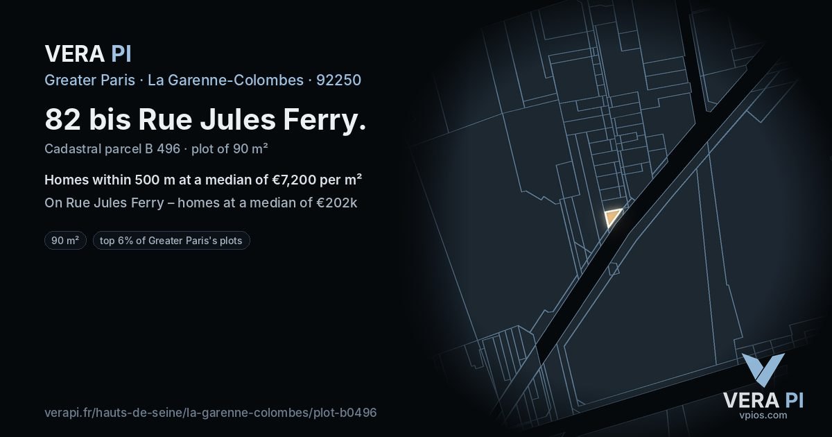 82 bis Rue Jules Ferry, La Garenne-Colombes at night – the plot lit, the parcels around coloured by the prices near them