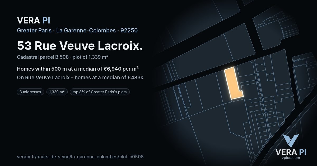 53 Rue Veuve Lacroix, La Garenne-Colombes at night – the plot lit, the parcels around coloured by the prices near them