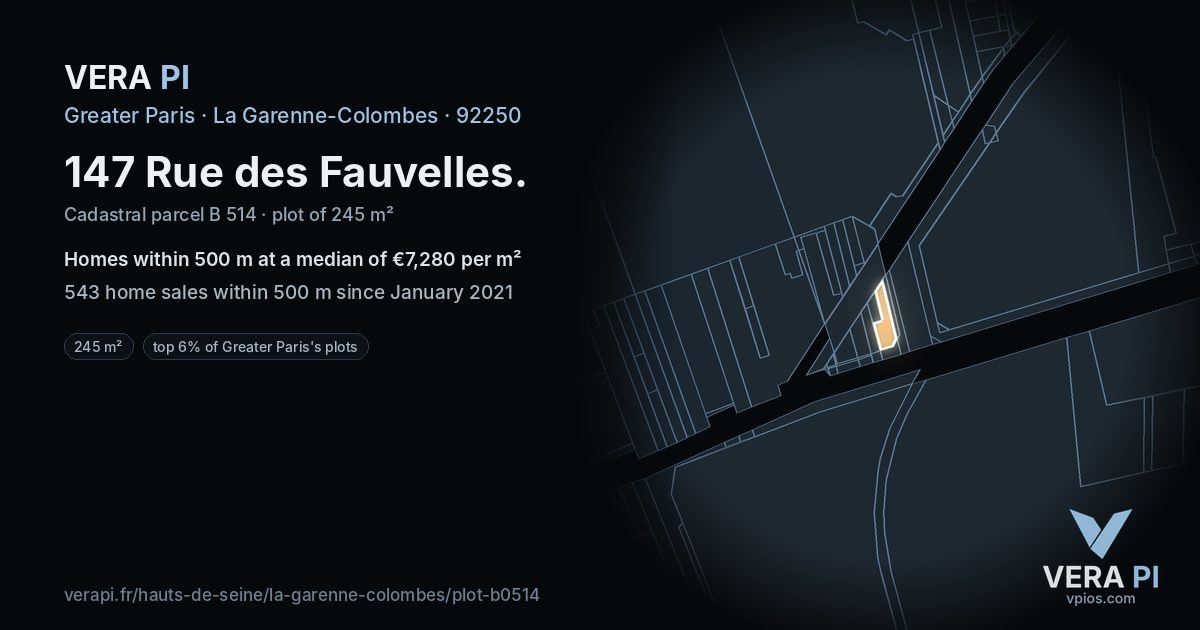 147 Rue des Fauvelles, La Garenne-Colombes at night – the plot lit, the parcels around coloured by the prices near them