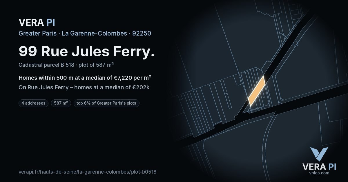 99 Rue Jules Ferry, La Garenne-Colombes at night – the plot lit, the parcels around coloured by the prices near them