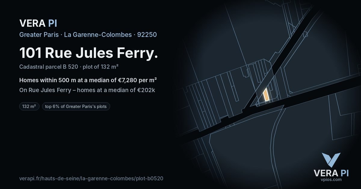 101 Rue Jules Ferry, La Garenne-Colombes at night – the plot lit, the parcels around coloured by the prices near them