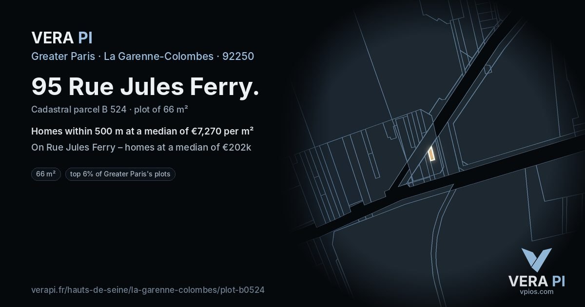 95 Rue Jules Ferry, La Garenne-Colombes at night – the plot lit, the parcels around coloured by the prices near them