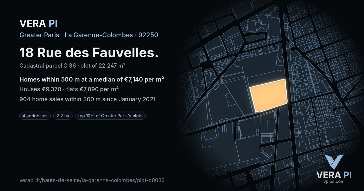 18 Rue des Fauvelles, La Garenne-Colombes at night – the plot lit, the parcels around coloured by the prices near them