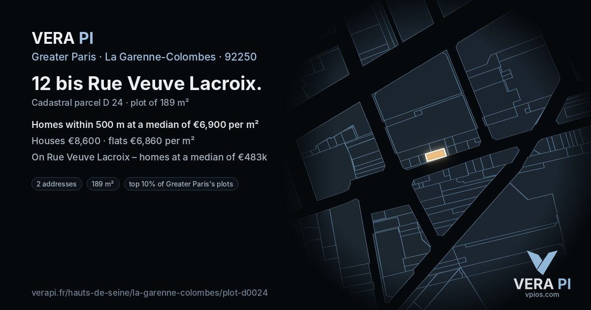 12 bis Rue Veuve Lacroix, La Garenne-Colombes at night – the plot lit, the parcels around coloured by the prices near them
