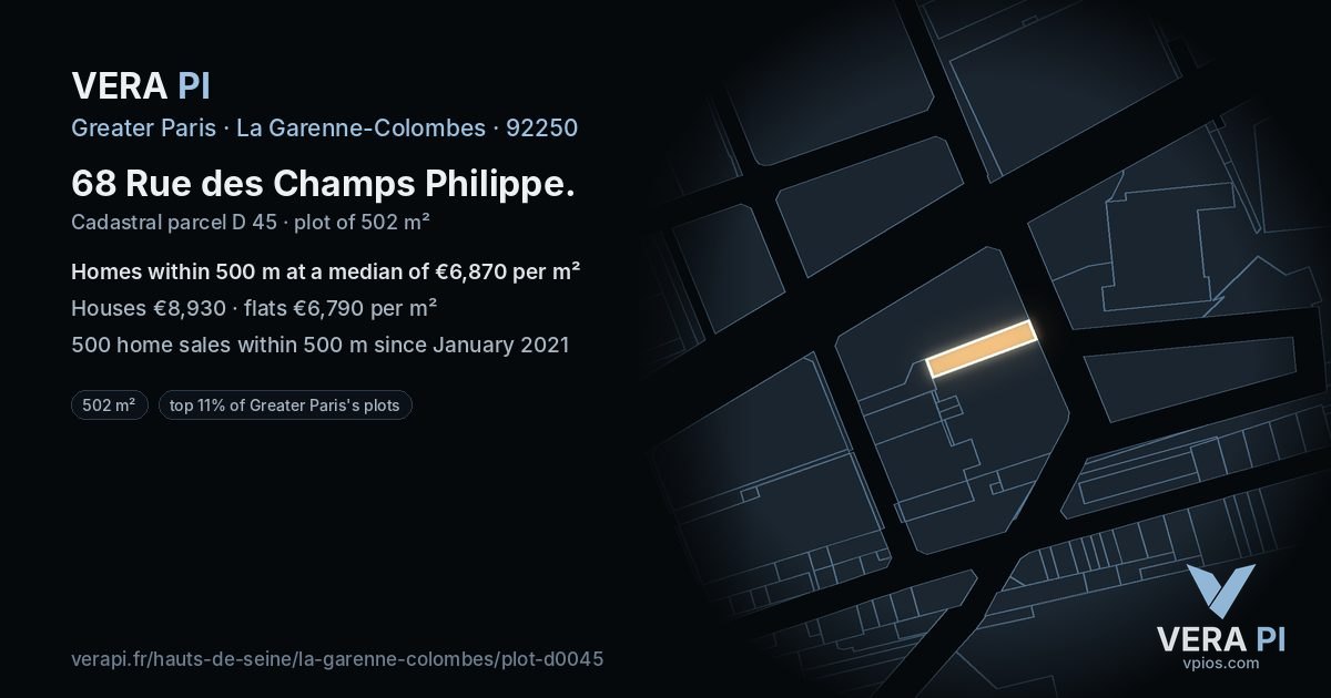 68 Rue des Champs Philippe, La Garenne-Colombes at night – the plot lit, the parcels around coloured by the prices near them