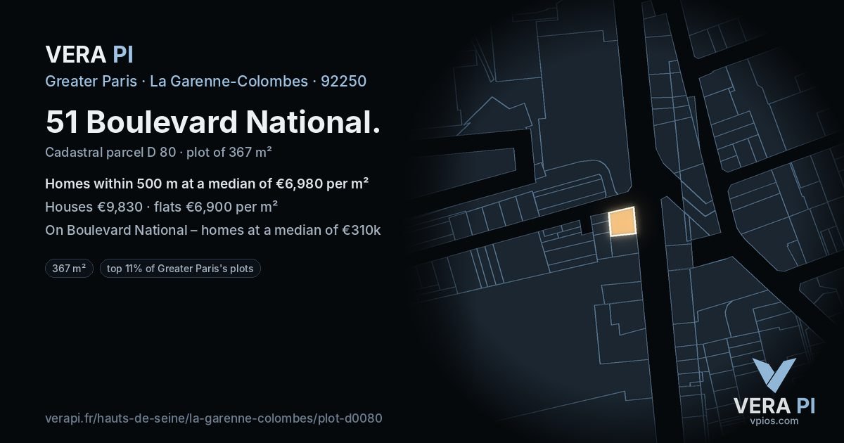 51 Boulevard National, La Garenne-Colombes at night – the plot lit, the parcels around coloured by the prices near them