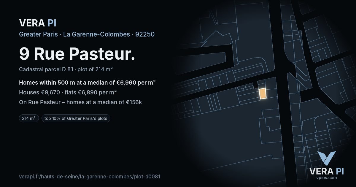 9 Rue Pasteur, La Garenne-Colombes at night – the plot lit, the parcels around coloured by the prices near them