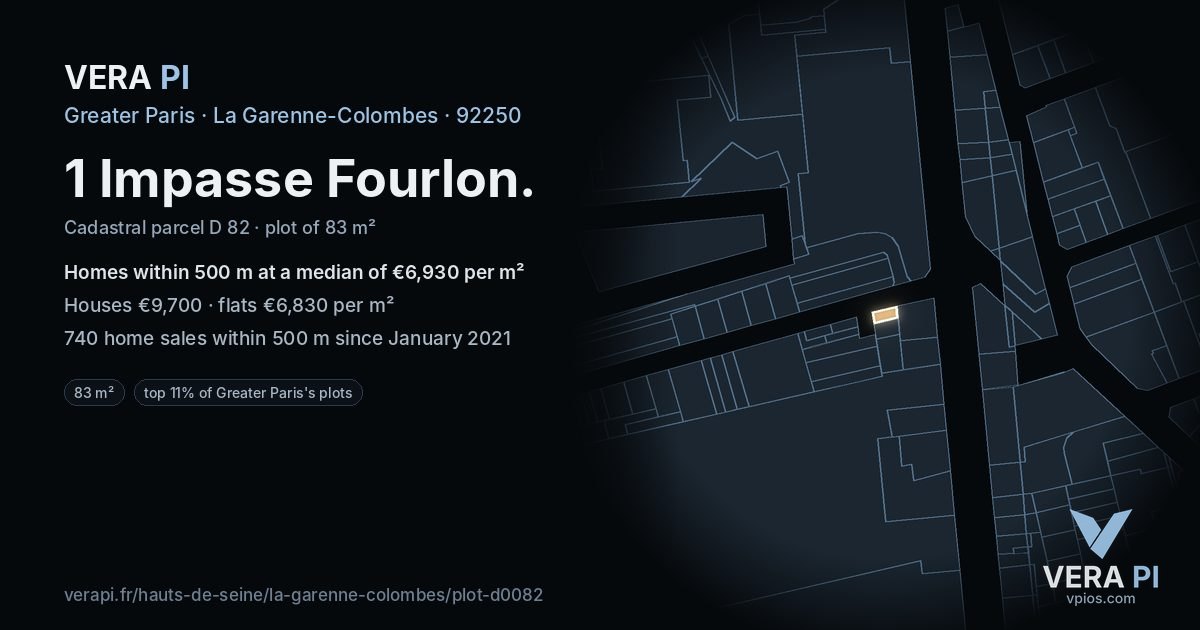 1 Impasse Fourlon, La Garenne-Colombes at night – the plot lit, the parcels around coloured by the prices near them