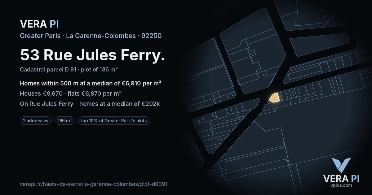 53 Rue Jules Ferry, La Garenne-Colombes at night – the plot lit, the parcels around coloured by the prices near them